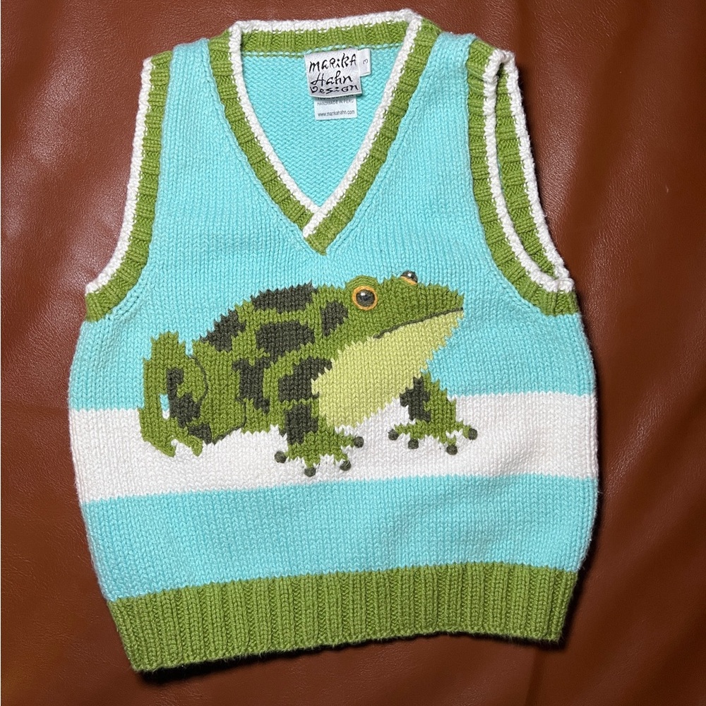 Marika Hahn Design Toddler Size 3T Green and Blue Frog Sweater Vest 100% Cotton